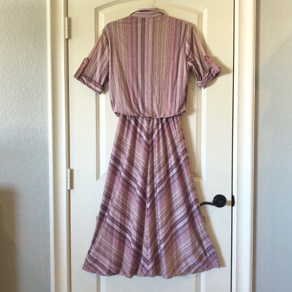 Vintage 70s Striped Knit Midi Dress Mauve Pink A-Line Academia Secretary Sz 16 - Picture 8 of 8